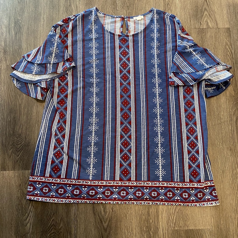 Jersey knit patterned blouse with ruffle sleeves